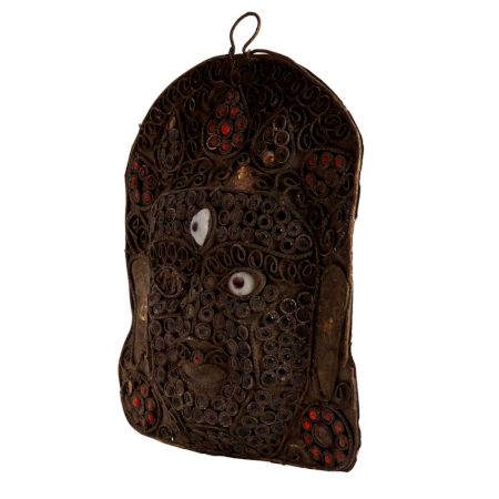 Old Buddhist Brass Mask Wall Hanging Embellished With Stones