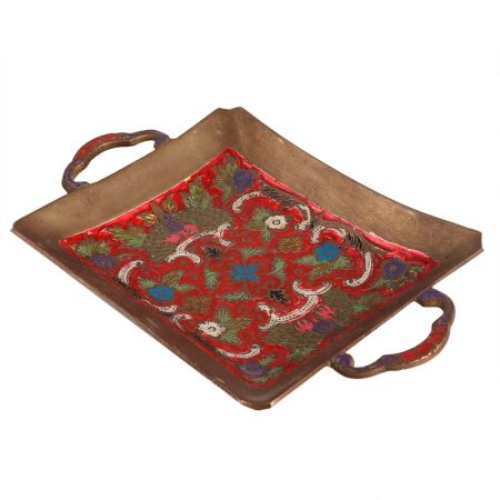 Brass Red Enamel Floral Serving Tray