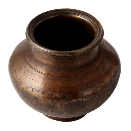 Old Brass Water Pot Or Kalash With Faded Engraved Design