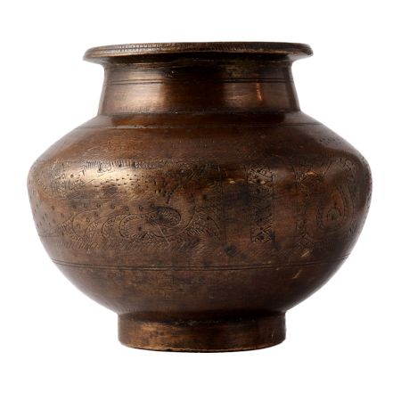 Old Brass Water Pot Or Kalash With Faded Engraved Design