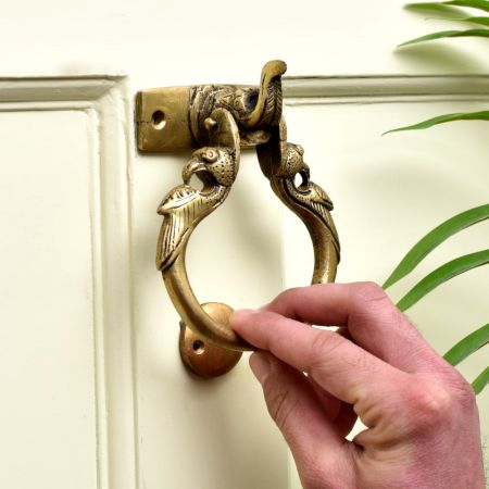 Brass Elephant Trunk Up And Peacock Door Knocker