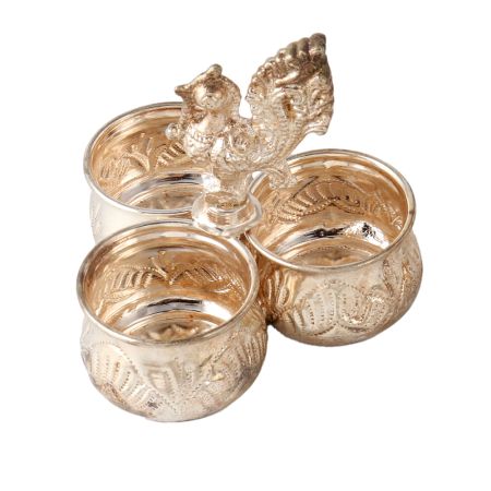 3 Cups Brass Kumkum Holder with Peacock HandleÂ In Silver finish