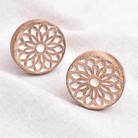 Handmade White and Brown Geometric Wooden Round Drawer Knobs