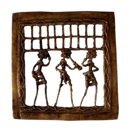 Brass Dhokra Framed Wall Hanging Of Three Tribal Musicians