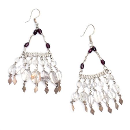 92.5 Sterling Silver White Bead With Garnet Chandelier Earrings