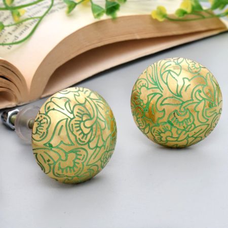 Brass Green Floral Cabinet Knobs