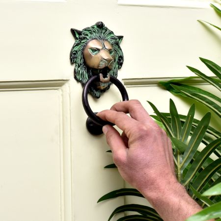 Brass Lion Head Door Knocker With Patina