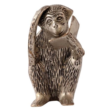 Brass Silver Statue of Monkey Reading Book