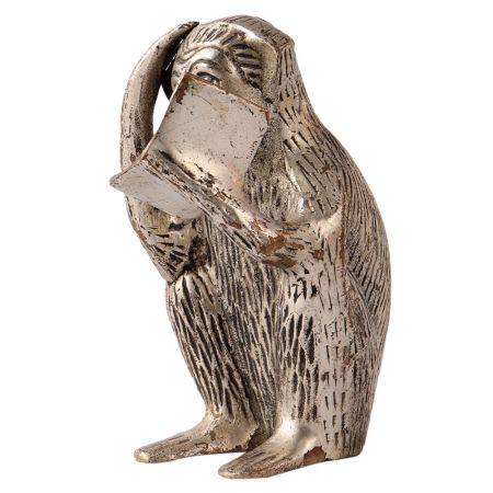 Brass Silver Statue of Monkey Reading Book