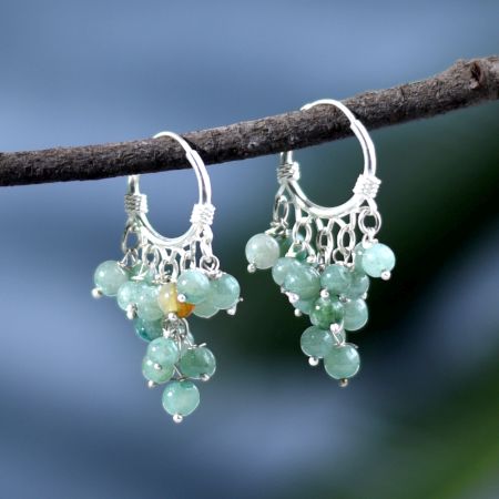 Round Green Onyx Beaded Hoop Earrings in 92.5 Sterling Silver