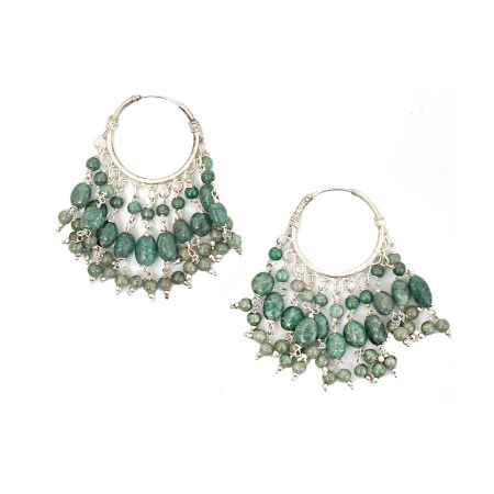 92.5 Sterling Silver Boho style Green Stone Hoop Earrings