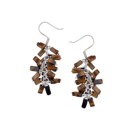 Tiger Eye Stone Chip 92.5 Sterling Silver Drop Dangle Earrings