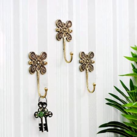 Brass Flower Wall Hook Hand Engraved Design - Pack of 3