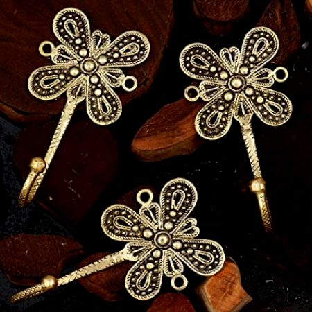 Brass Flower Wall Hook Hand Engraved Design - Pack of 3