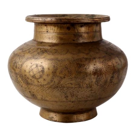 Brass South Indian Cylindrical Carved Pot