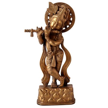 Brass Lord Krishna Statue in Golden Antique Finish