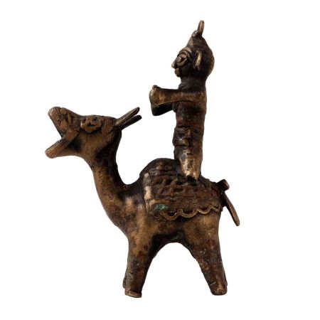 Small Brass Camel and Rider Statue in Tribal Folk Art