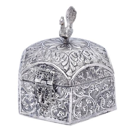 6 Sided Carved Silver Storage With Peacock Finial