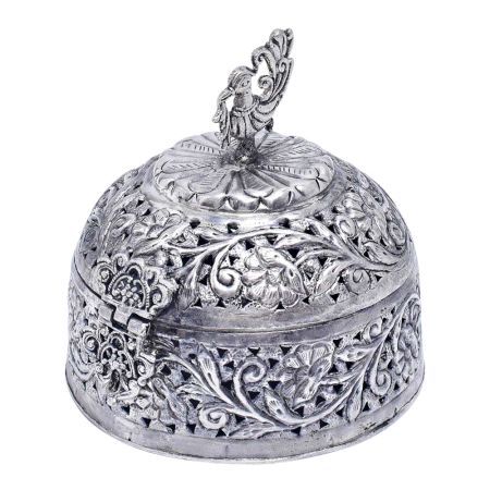 Carved Silver Plated Round Jewelry box With Peacock Finial
