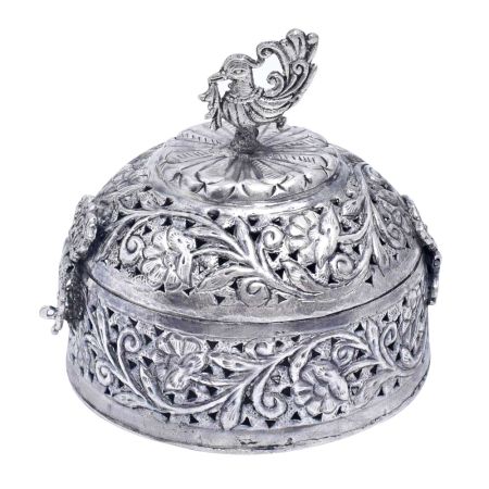 Carved Silver Plated Round Jewelry box With Peacock Finial
