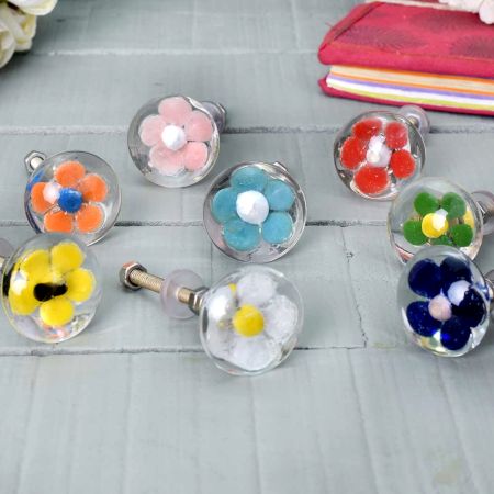 Glass Flower Engraved Multicolor Pack of 8 Cabinet Knobs