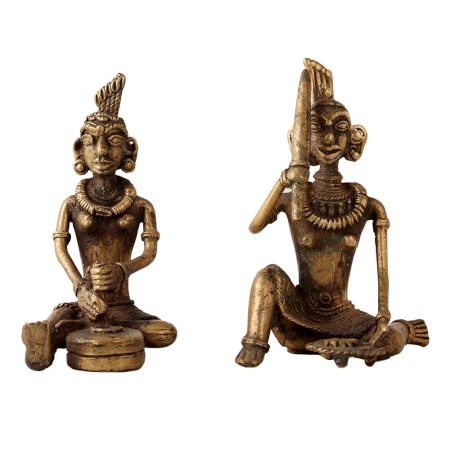Brass Dhokra Two Tribal Women Figurines