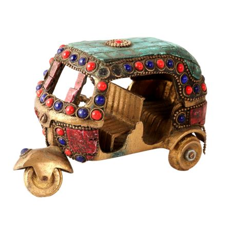 Brass Tuk Tuk Auto Rikshaw Statue With Colorful Stones