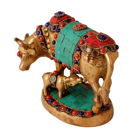 Kamdhenu Cow With Calf Colorful Stones