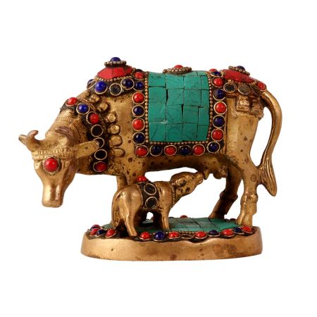 Kamdhenu Cow With Calf Colorful Stones