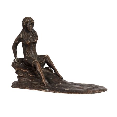 Vintage Brass Lady Seated on Cliff in English Art
