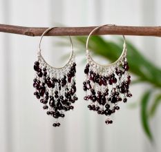 Bead Hoop Earrings in 925 Sterling Silver and Garnet Gem Stone