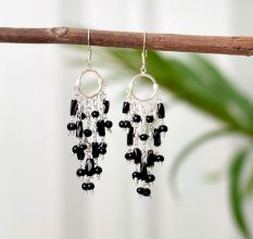 Cabochon Black Spinel Stone Earrings in 92.5 Strerling Silver