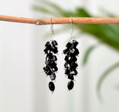 Black Onyx Crystal Stone Chip Earrings In 92.5 Sterling Silver