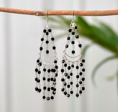 92.7 Sterling Silver Black Onyx Beaded  Chandelier Earrings For Women