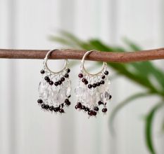 92.5 Sterling Silver Dangle Drop Garnet  Bead Hoop Earrings