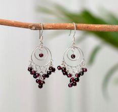 Round Garnet Beaded Gypsy Earrings With Sterling Silver