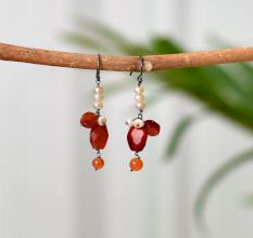 92.5 sterling silver Imitation Pearl and Carnelian Bead Drop Earrings