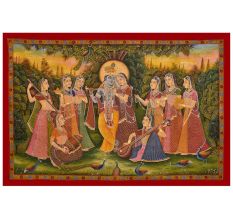 Radha Krishna Pichwai Painting with peacocks and Gopis