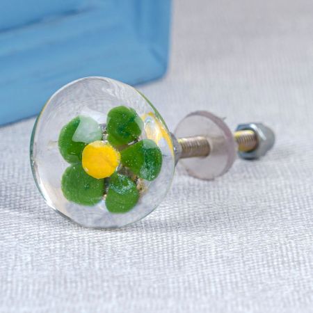 Green Flower Engraved Glass Drawer Knobs