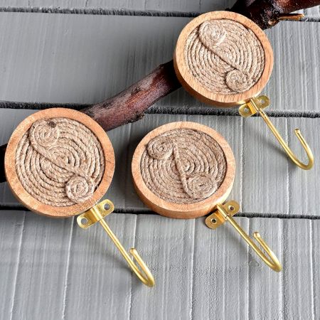 Round Brass Jute Wooden Wall Hook 3 Pieces