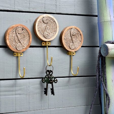 Round Brass Jute Wooden Wall Hook 3 Pieces