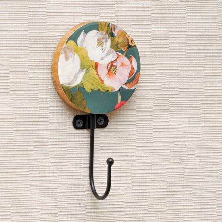 Multicolor Floral Pattern Round Wood and Resin Key Hooks