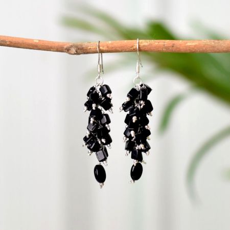 Black Onyx Crystal Stone Chip Earrings In 92.5 Sterling Silver