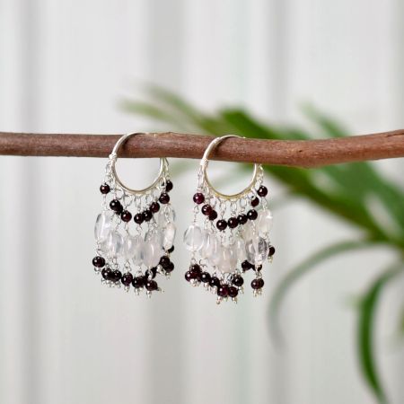92.5 Sterling Silver Dangle Drop Garnet  Bead Hoop Earrings