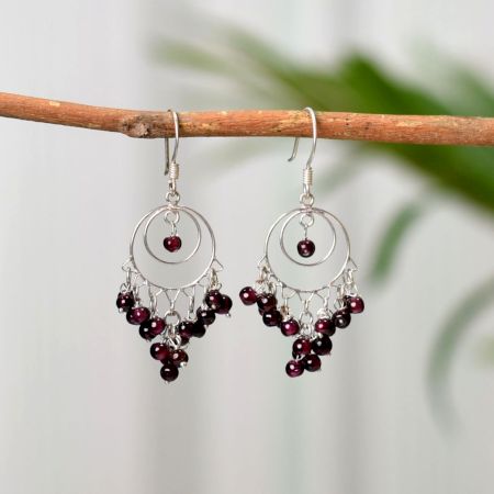 Round Garnet Beaded Gypsy Earrings With Sterling Silver