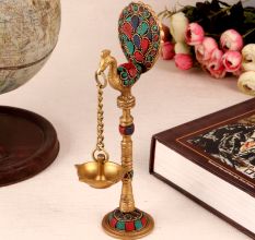 Golden Brass Oil Lamp with Colorful Stones
