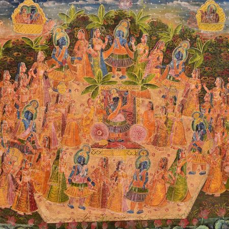 Hand Painted Pichwai Krishna Showing Maha Ras On Fabric