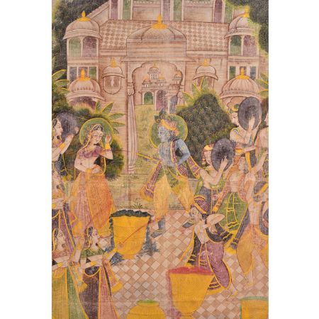 Pichwai Painting playing Holi With Gopies Srinathji Forms On Border