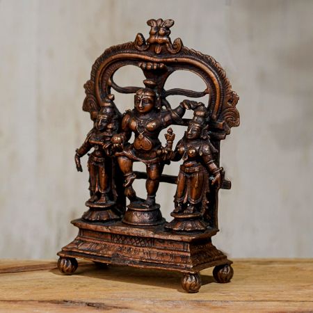 Copper Statue Of Lord Krishna With His Two Wives, Rukmani And Satyabhama
