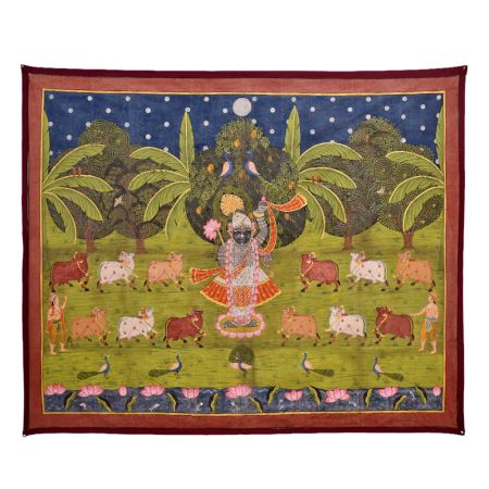 Pichwai Painting of Srinathji In Forest With Cows